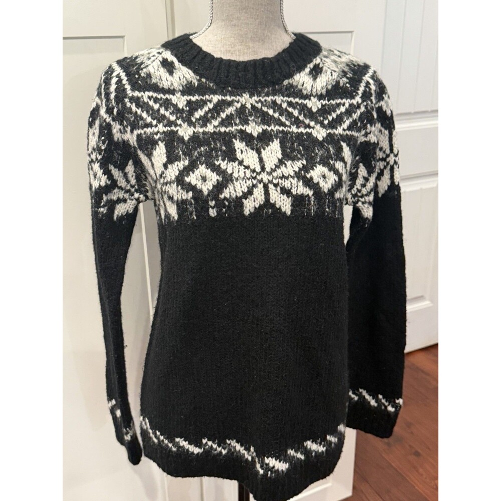 Le Tigre Womens S Black White Fair Isle Nordic Wool Blend Sweater Snowflake